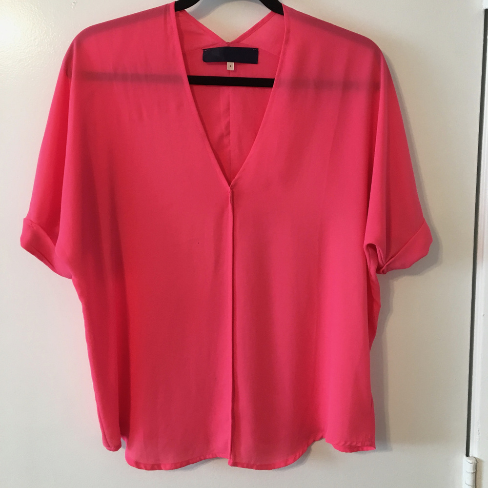 Vibrant Pink Flowy V Neck Top (Small)